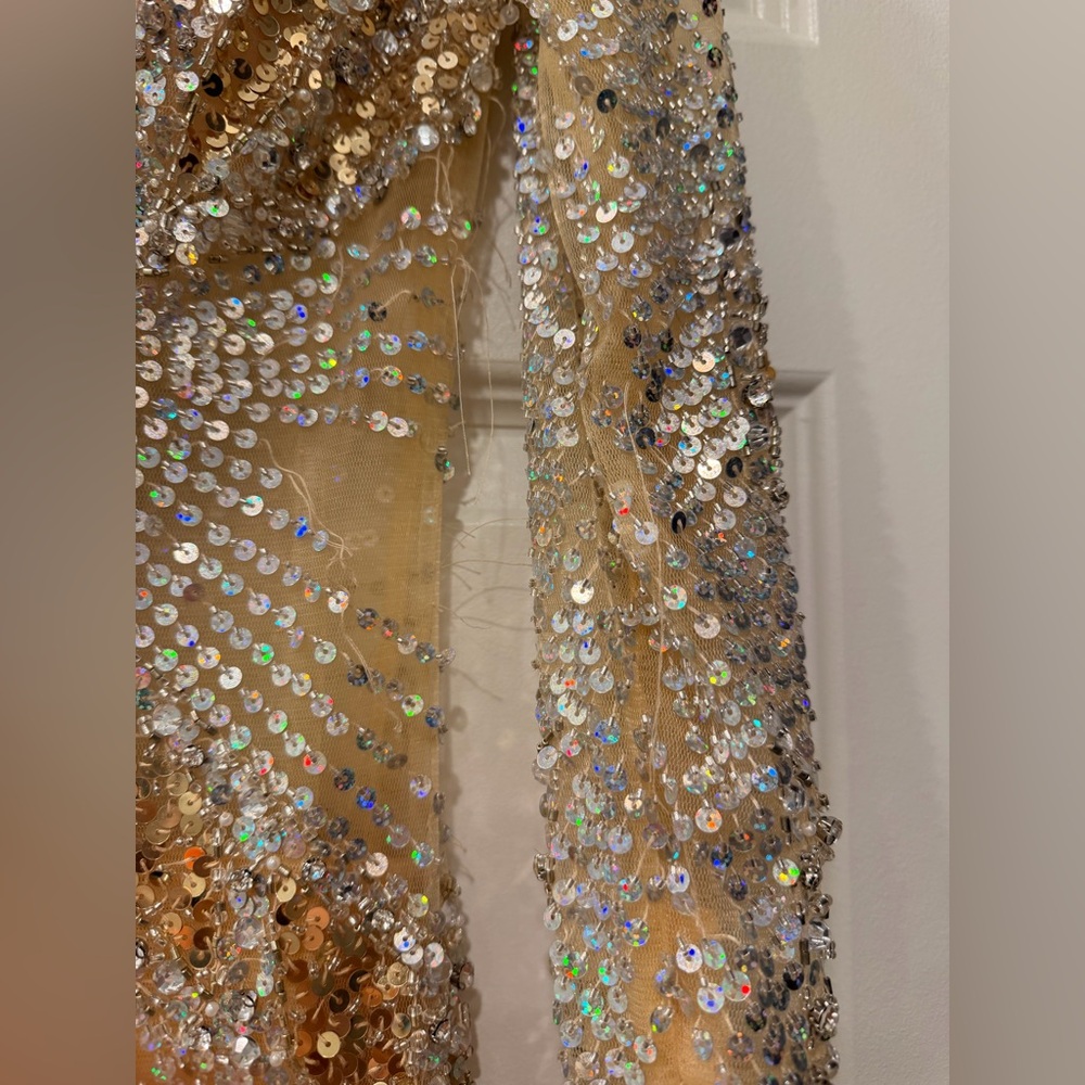 Jovani Gold Sequin Beaded Mini Dress | Long Sleeve Cocktail Dress Designer - Picture 9 of 14